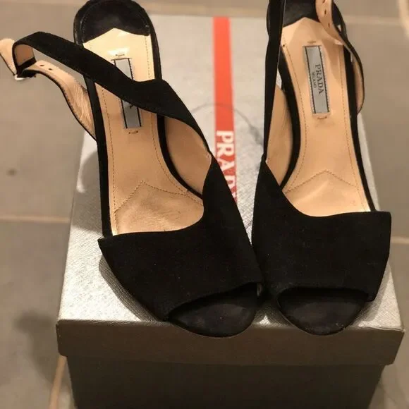 Prada Timeless Black Suede Open Toe Heels 7.5 - Picture 2 of 6